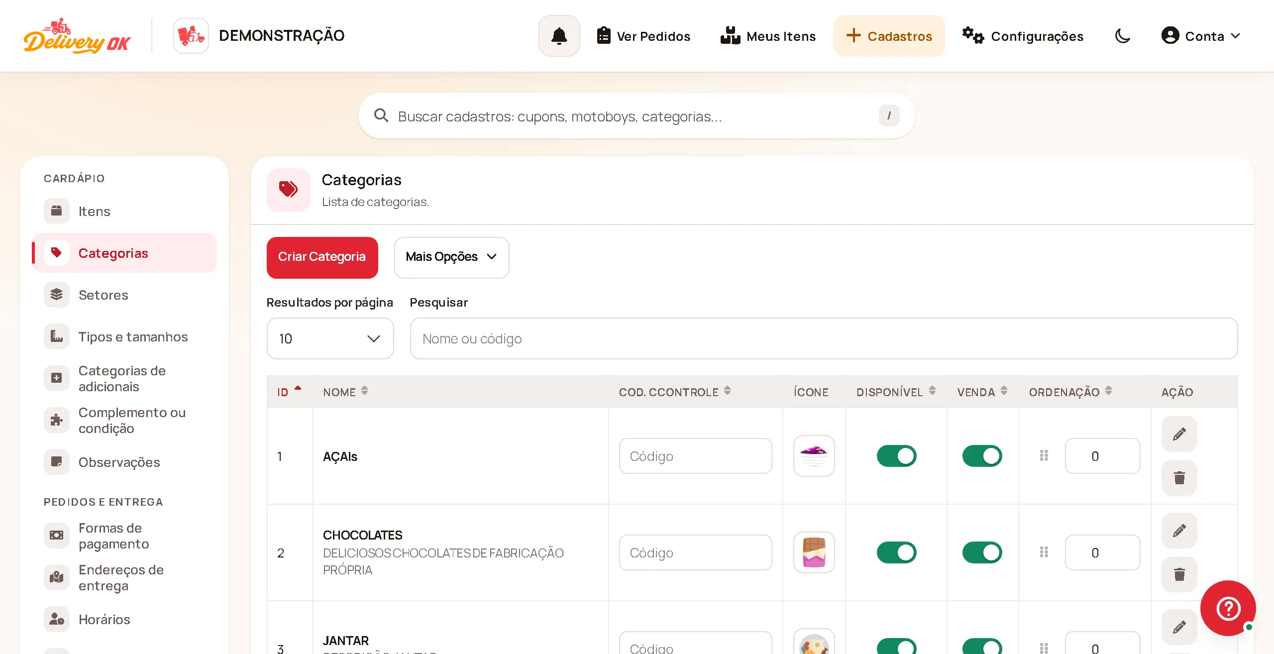Lista de categorias do cardápio no painel