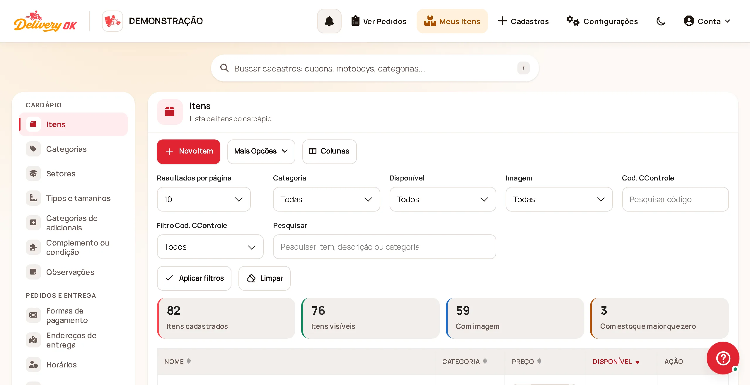 Lista de itens do cardápio no painel