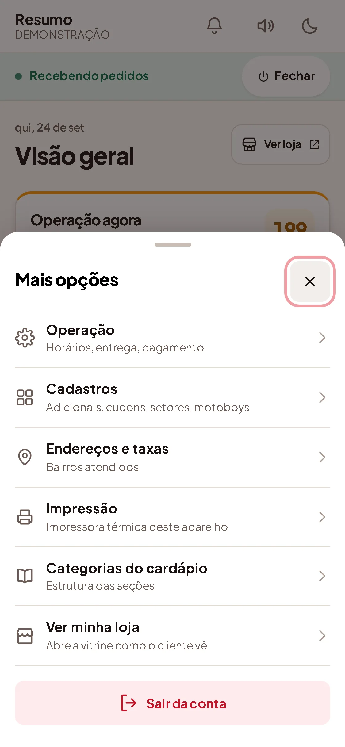Menu Mais do painel no celular