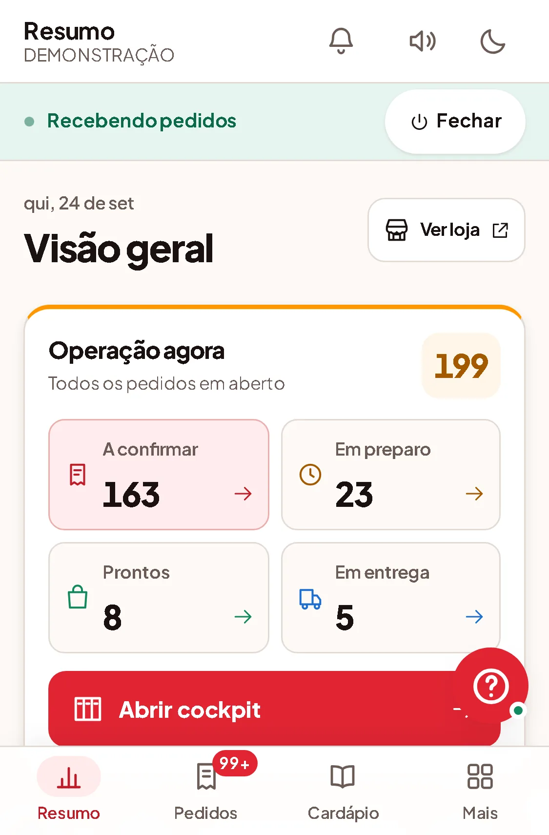 Resumo do painel no celular
