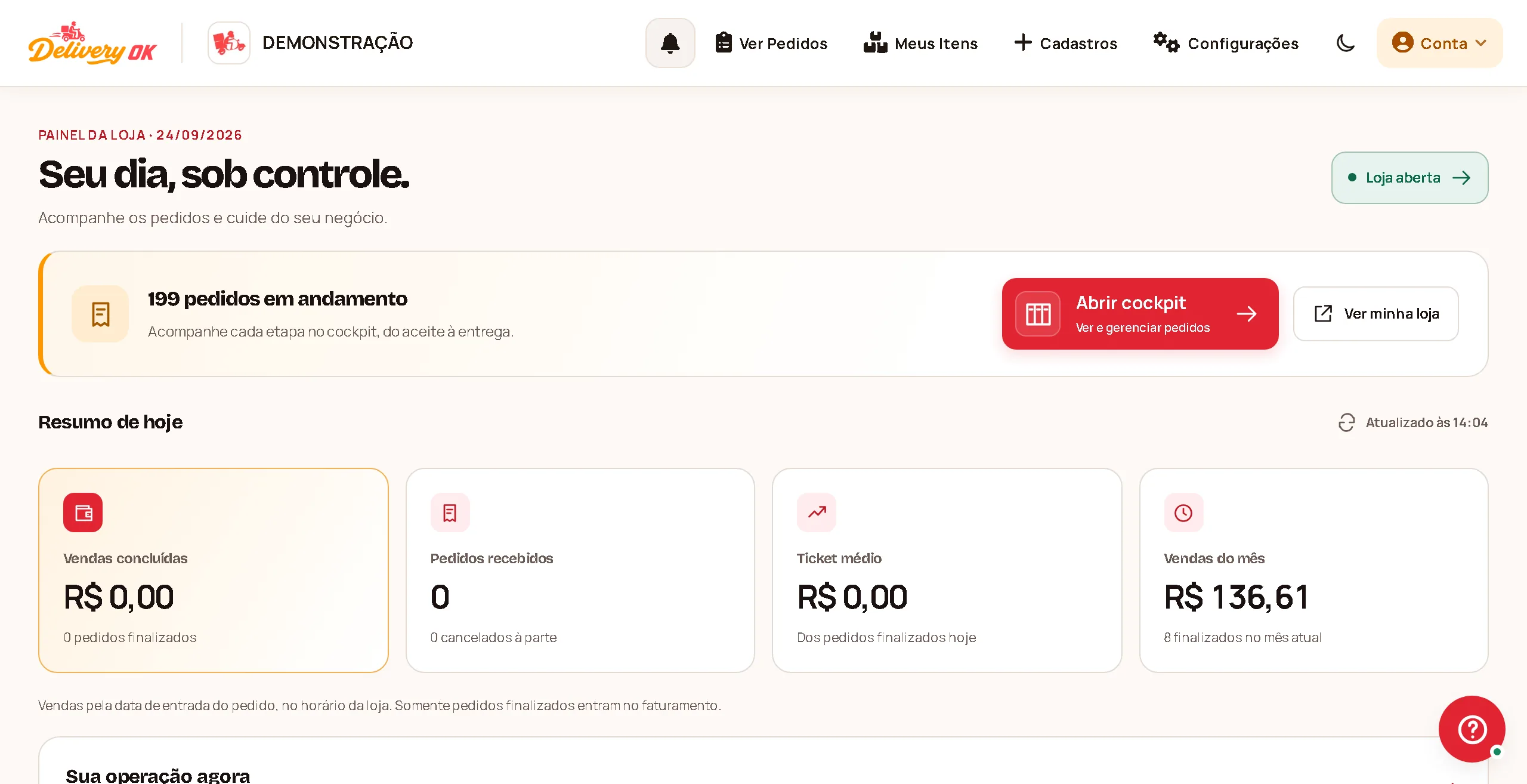 Página inicial do painel da loja no computador